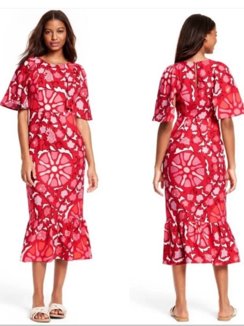 Rhode x Target Midi Dress Red Zinnia Print Boho Bell Sleeve 10